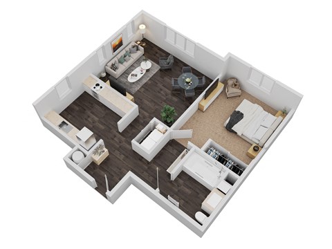 A top-down view of a small apartment with a living room, kitchen, and bedroom.